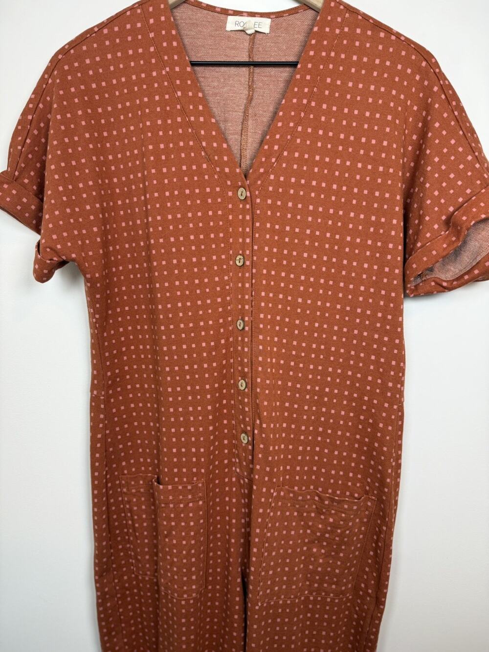 Roolee Jumpsuit Womens Medium Short Sleeve Button Front Pockets One Piece Romper